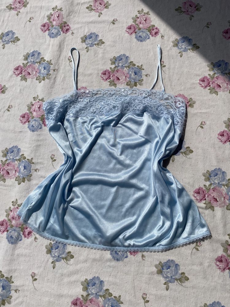 Niebieski top na ramiączka L 40 XL 42 coquette śliski