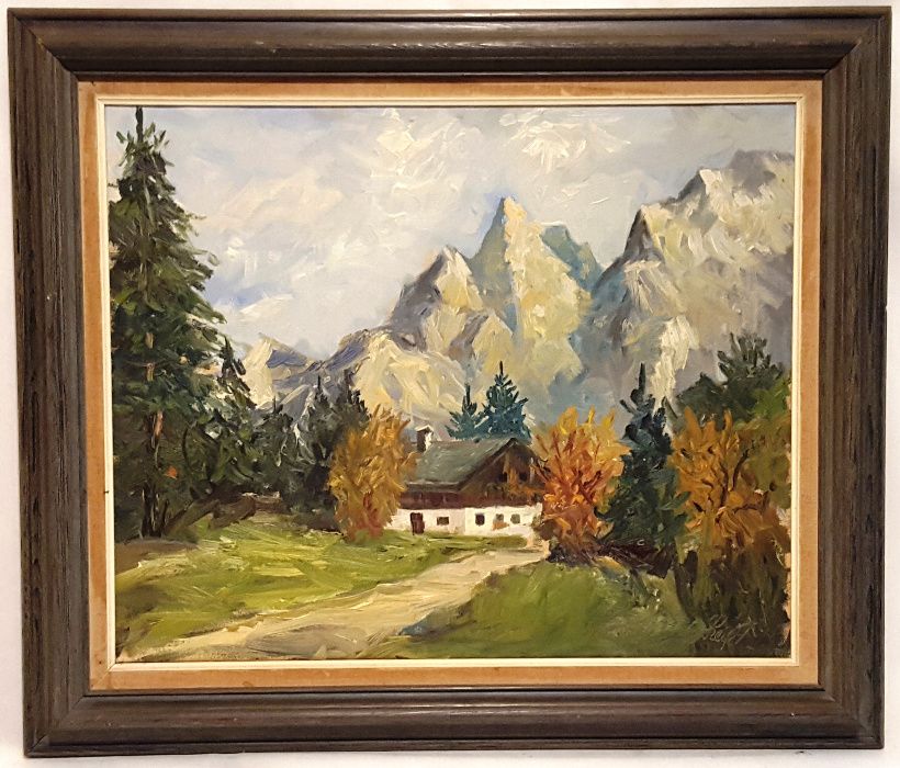 Obraz olejny na płótnie " Dom w górach " drewniana rama wym. 60x70 cm.