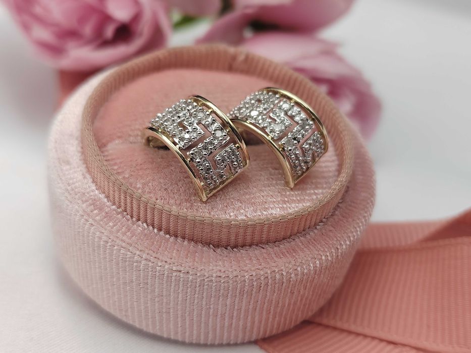 Złote Kolczyki Grecki Wzór Cyrkonie / Złoto 375