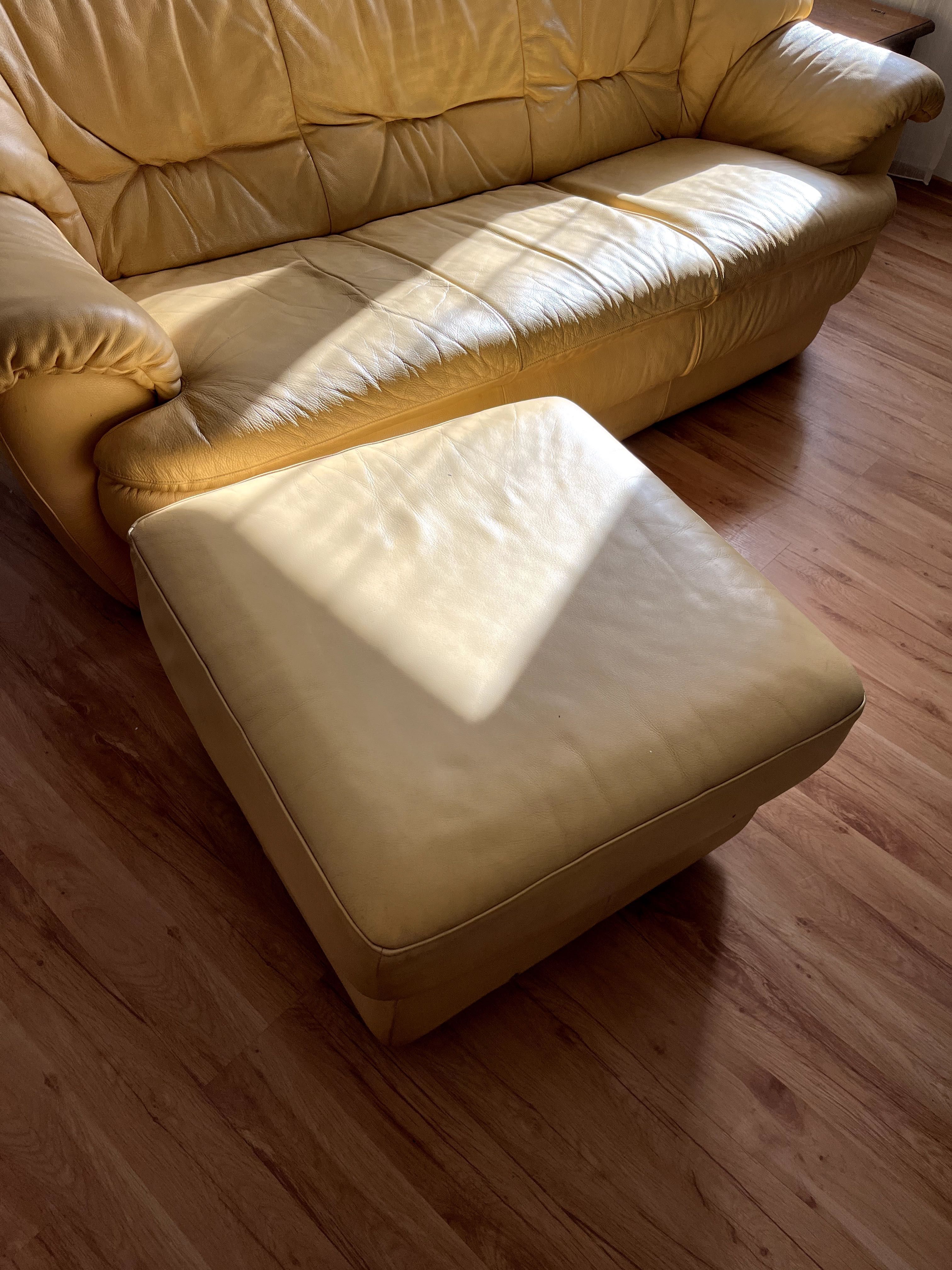 Skórzany komplet kanapa, fotel, podnóżek włoska skóra naturalna