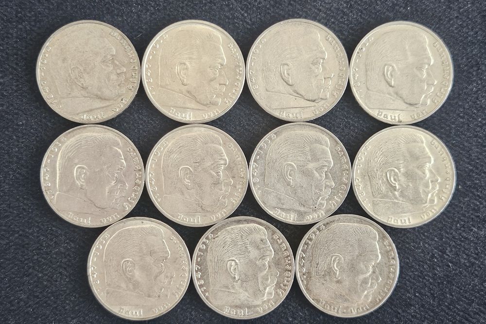 11 sztuk monet - 2 Marki Paul von Hindenburg 1937, 1938, 1939 srebro