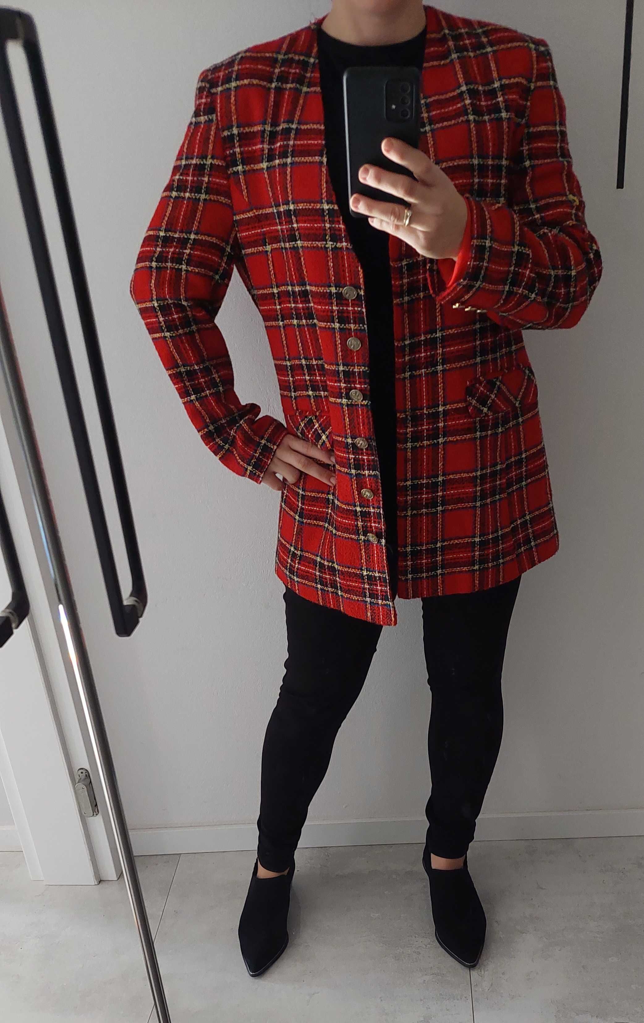 Marynarka czerwona w krate 38 elegancka modna styl