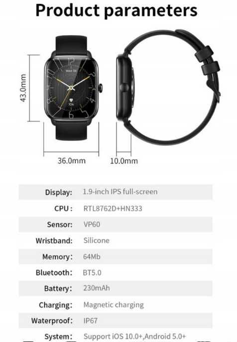 Smartwatch KT65 powiadomienia aplikacji czułemu mikrofonowi ttst966
