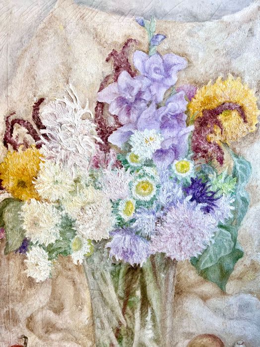 Stary obraz olejny pastelowe kwiaty martwa natura, duży.