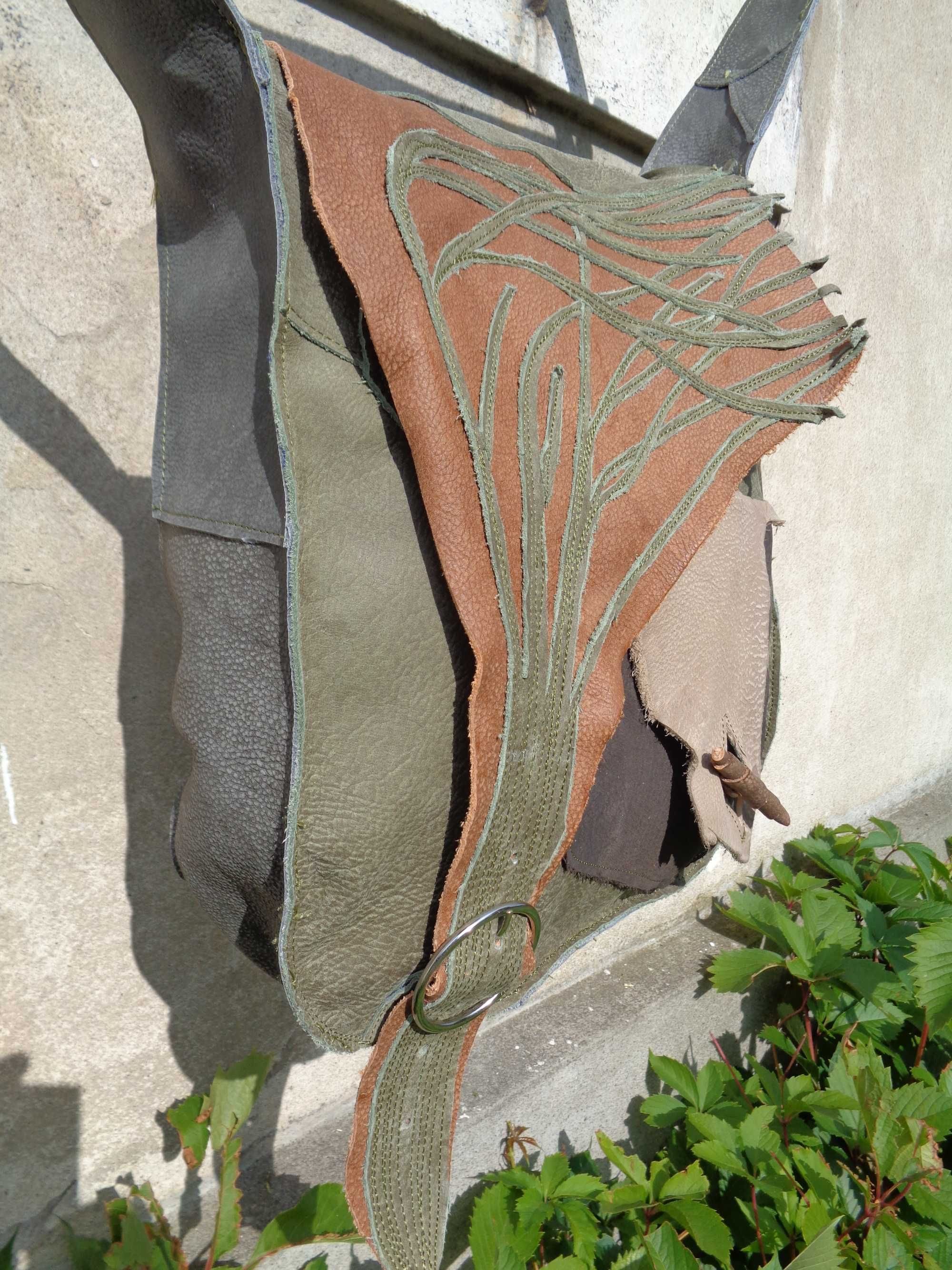 Artystyczna duża torebka skórzana z drzewem. Handmade
