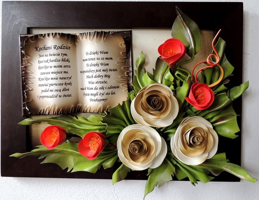 piękne podziękowanie dla rodziców - obraz z dedykacją i kwiatami
