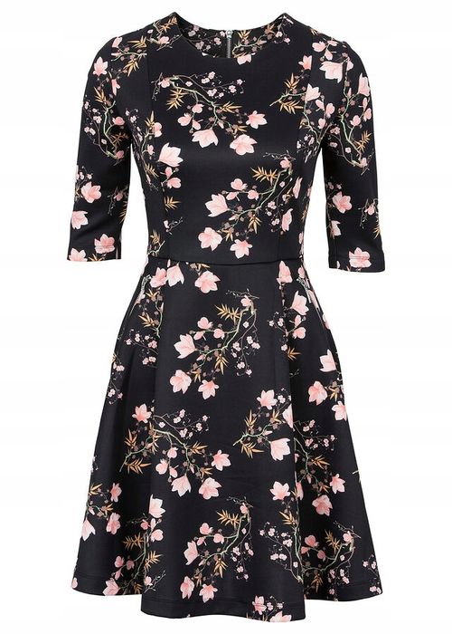 B.P.C sukienka czarna w kolorowe kwiaty rozkloszowana ^46