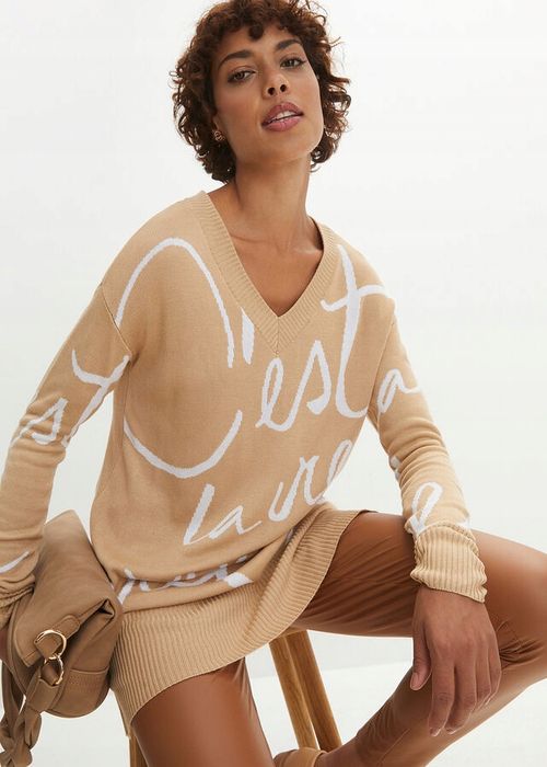 B.P.C karmelowy sweter z białymi napisami ^36/38