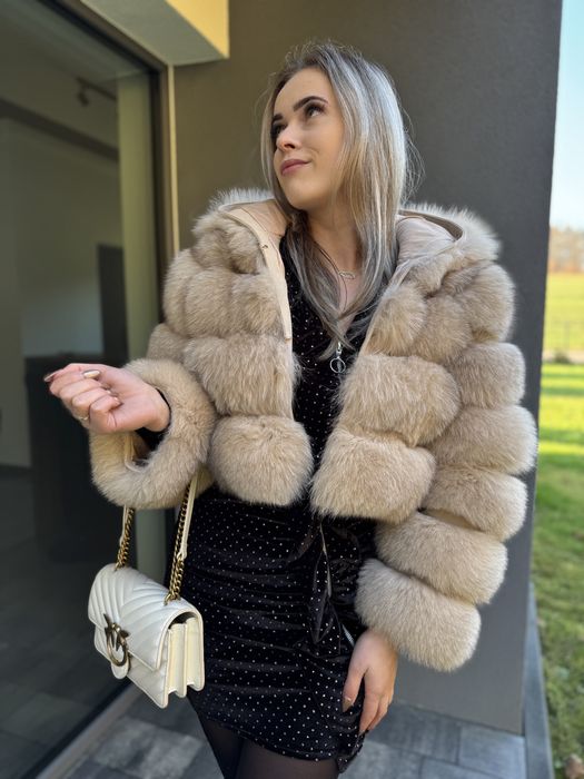 Futro 100% lis krótkie beżowe s/m kaptur naturalne premium nowe