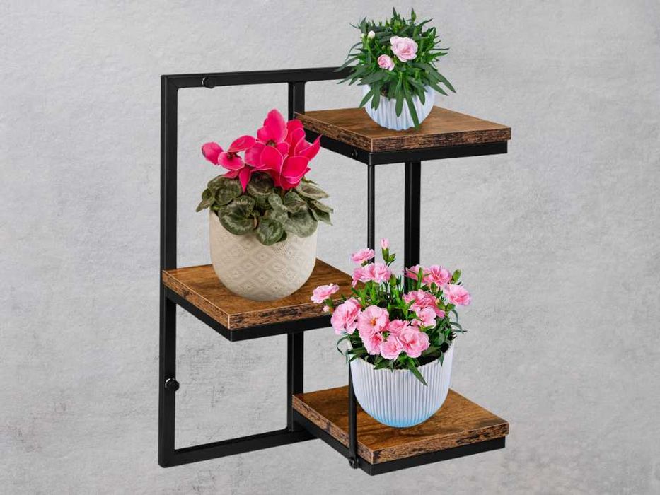 Kwietnik Ścienny Wiszący Metalowy Rustykalny 3 Półki Postarzany Dąb