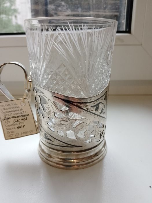 Серебряный подстаканник+хрусталь,стакан