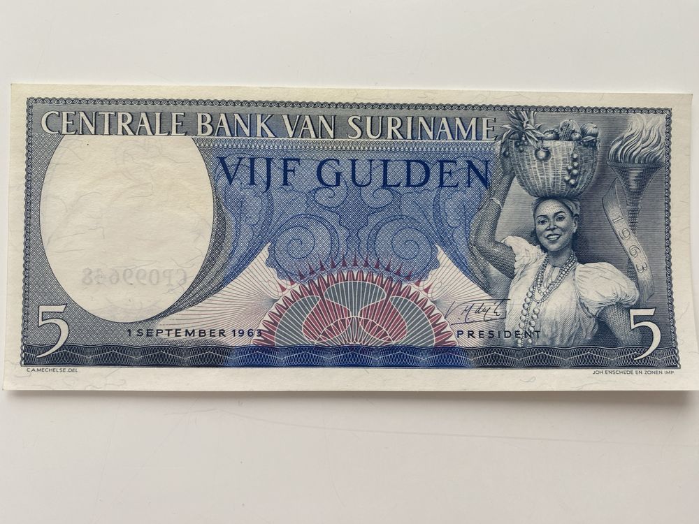 Banknot Surinam - 5 Gulden 1963r UNC