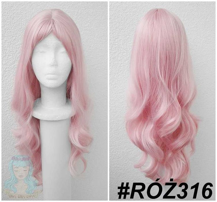 Różowa falowana pastelowa jasna długa peruka z grzywką cosplay wig