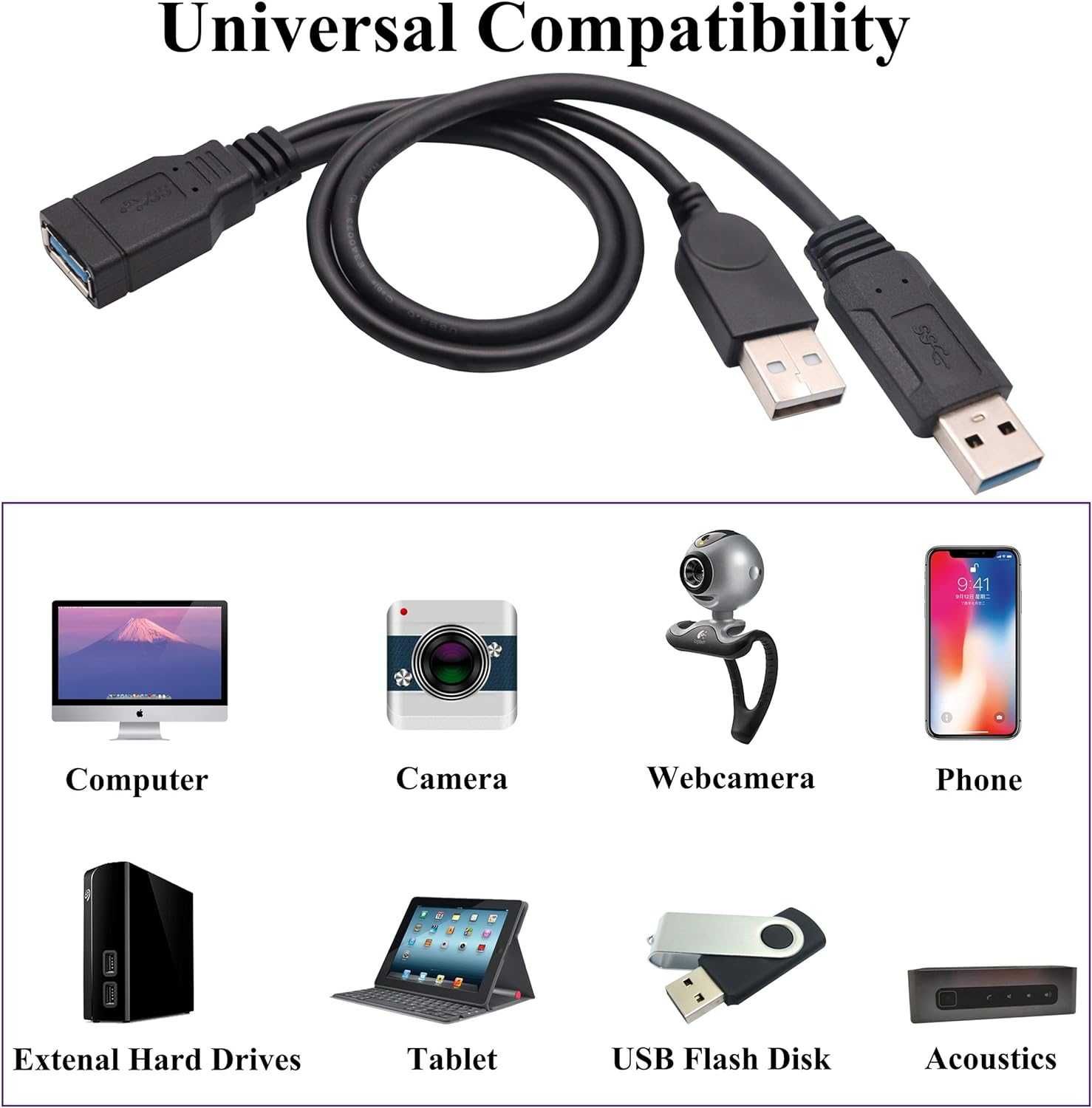 Kabel rozdzielający USB A 3.0 Y, USB 3.0 A żeński na podwójny USB