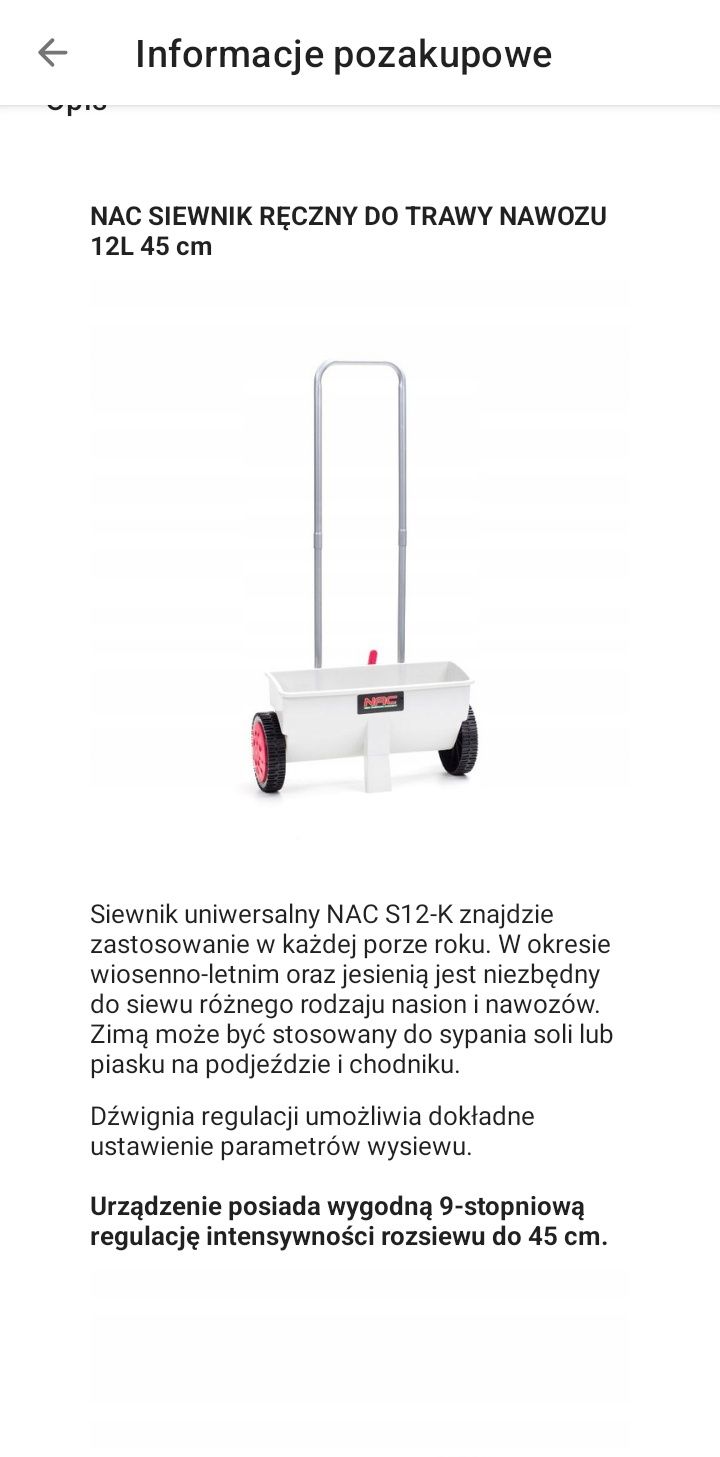 Siewnik ręczny do trawy, nawozów NAC 12 L 45 cm