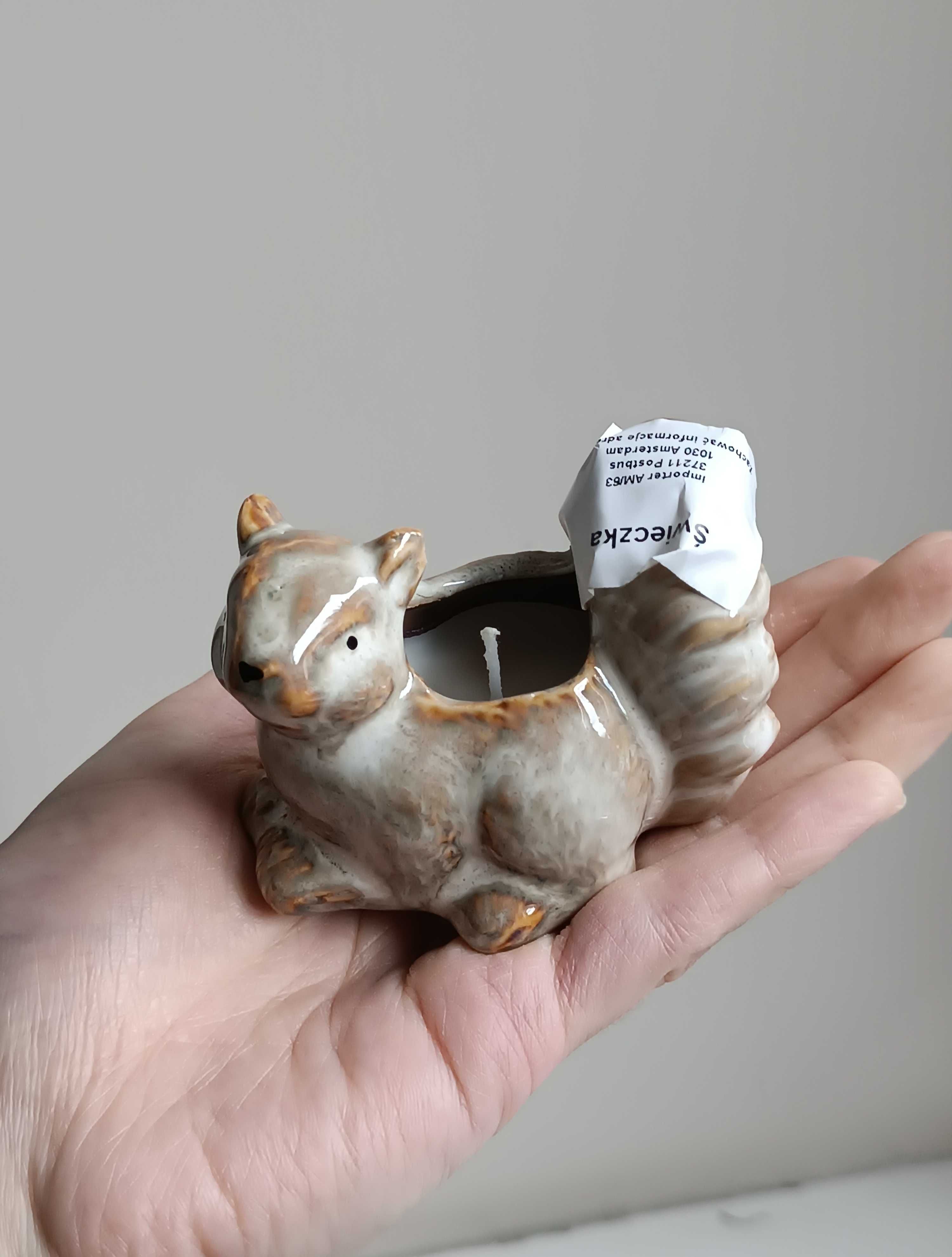 Świeczka świeca szklana wiewiórka ceramiczny świecznik figurka mała