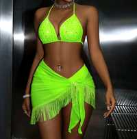 Bikini strój kąpielowy komplet 3 częściowy cyrkonie neon zielony