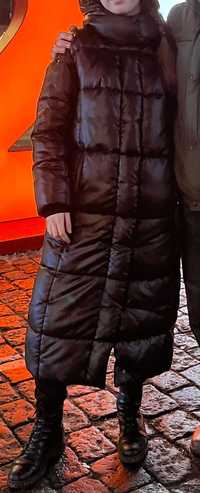 Куртка пуховик зимняя длинный черный С-М капюшон