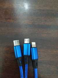 Кабель 1.2 м usb to micro usb/type c/ iPhone. 3в 1