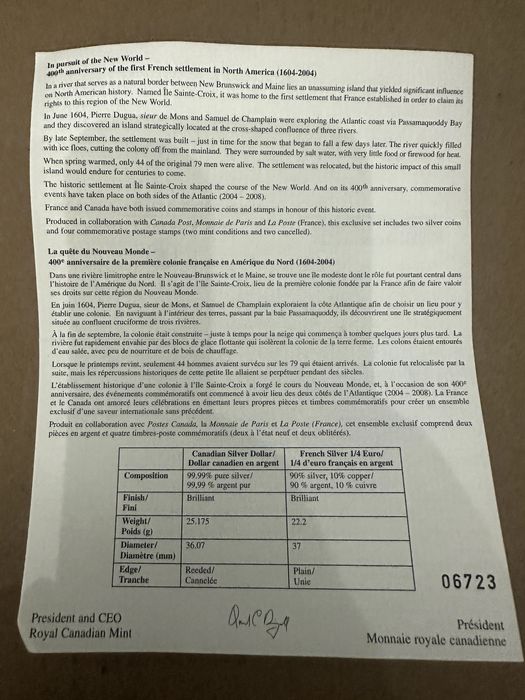 Set 400º Aniversário "Ile Sainte-Croix" 2004 moedas Prata + Selos