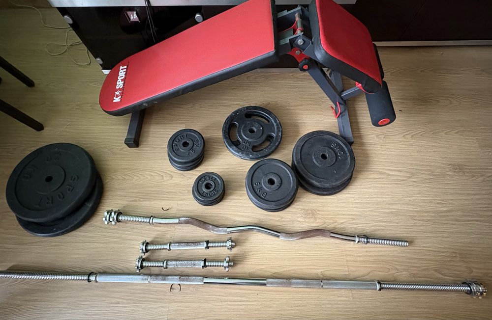 Ławeczka, gryf prosty, łamany, obciazenie 115KG silownia całość