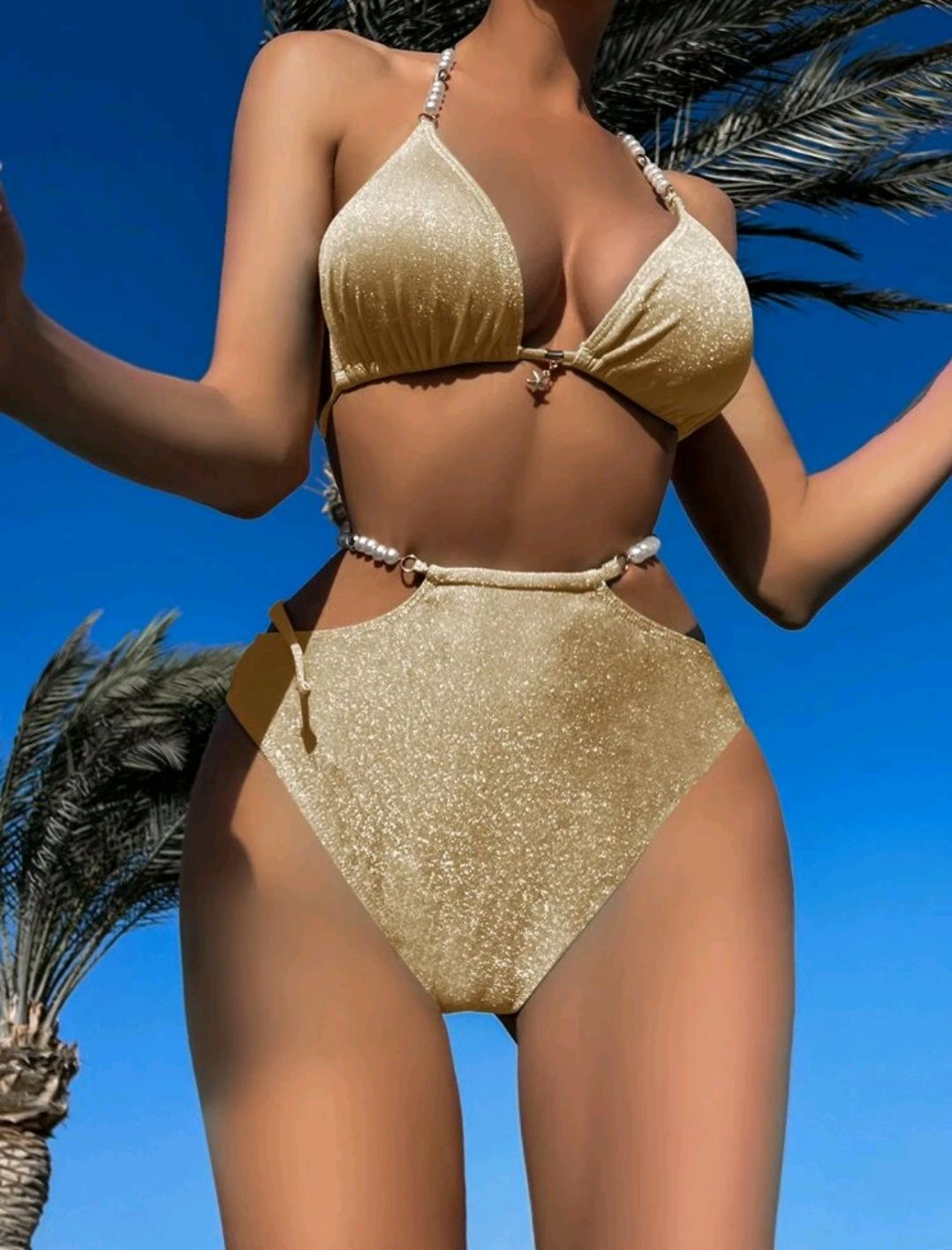 Bikini strój kąpielowy złoty brokatowy perełki s