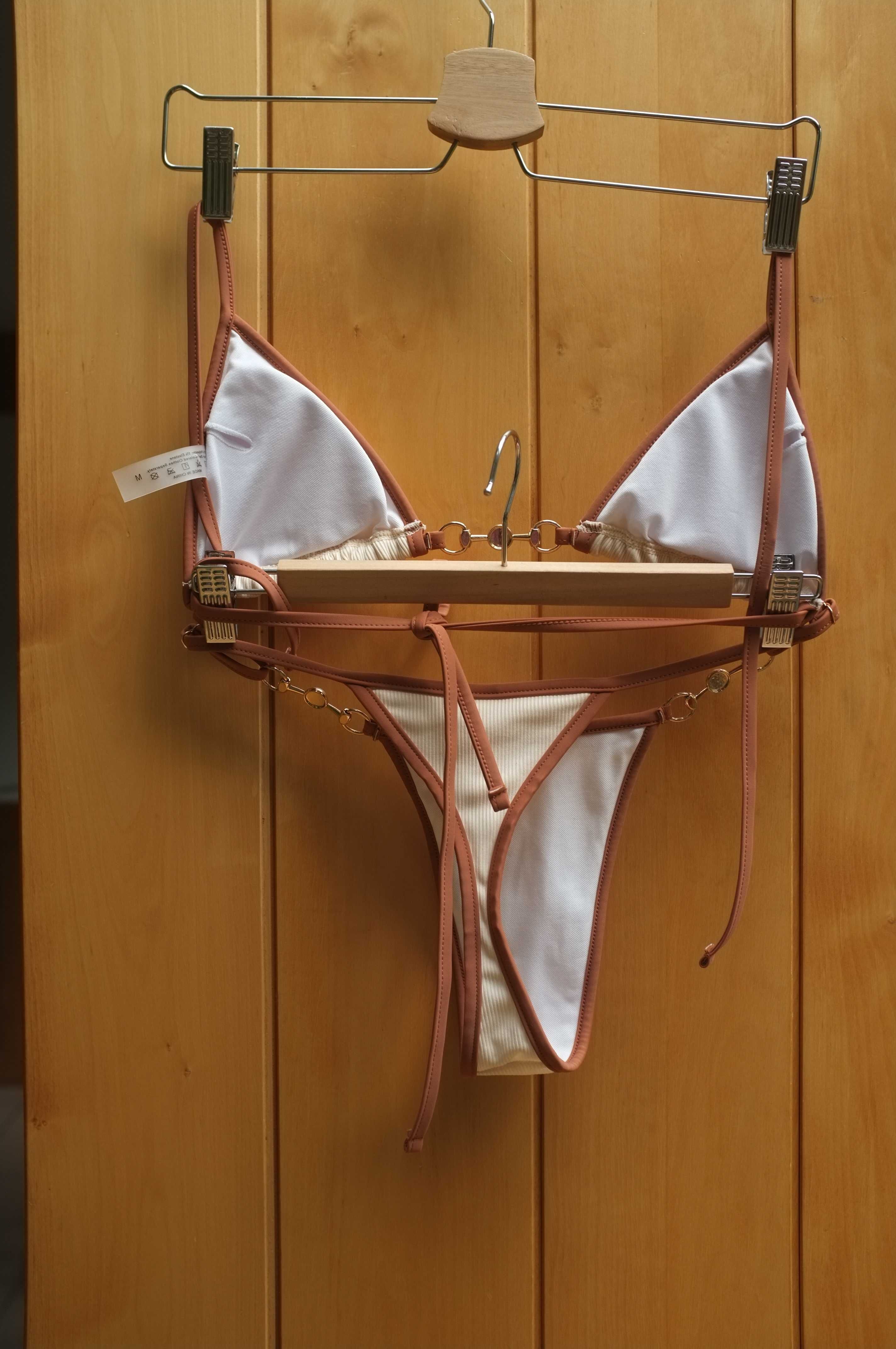 beżowe ozdobne bikini Gorglitter wiązane na szyi trójkąt stringi seksi
