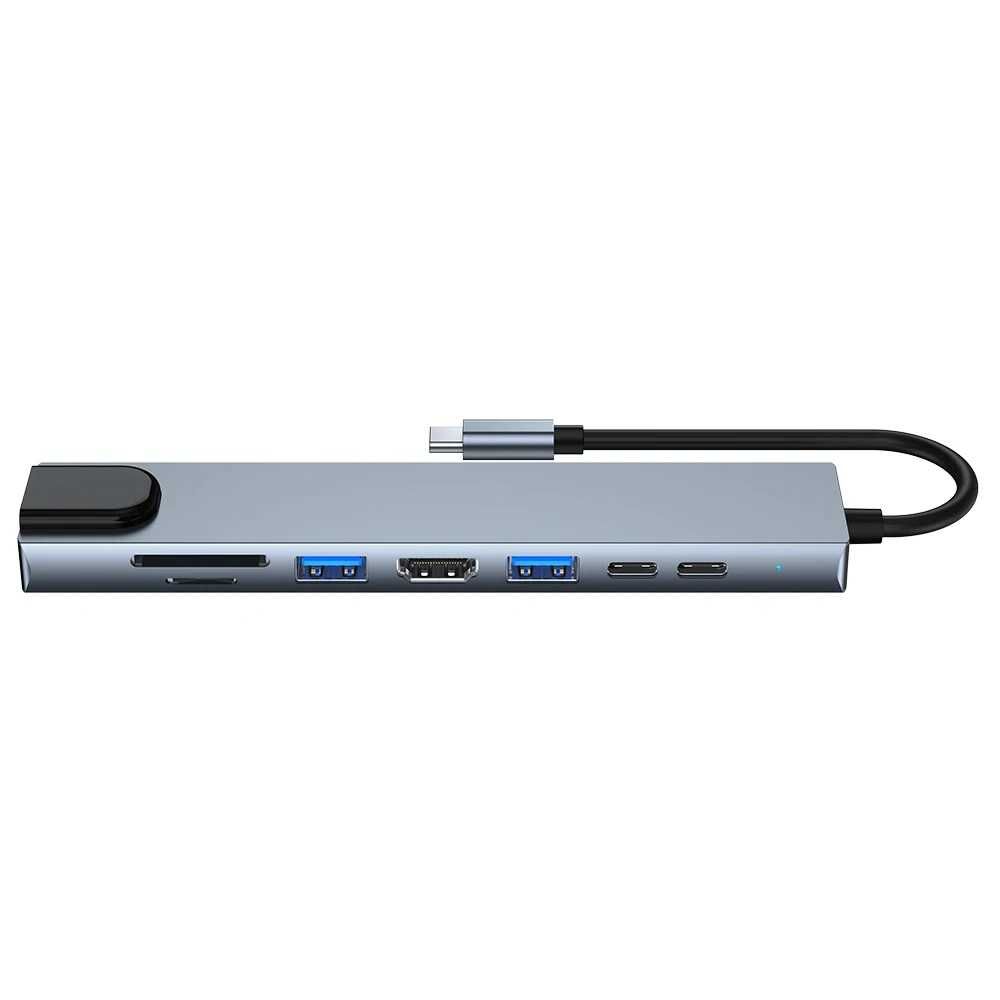 USB Type-C Хаб 8 в 1 [HDMI 4K, LAN 100М, PD 87W, USB 3.0 SS, TF/SD]