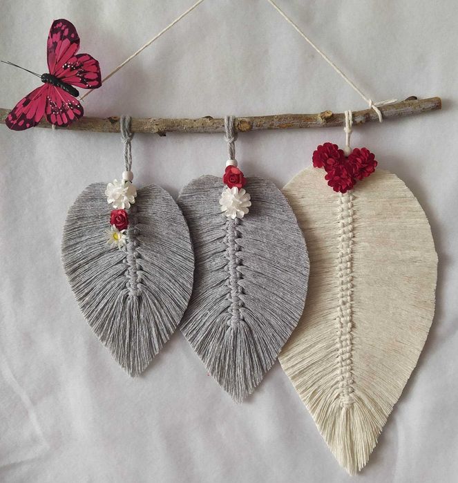 Makrama liście ecru + j.szary motyl prezent dekoracja boho