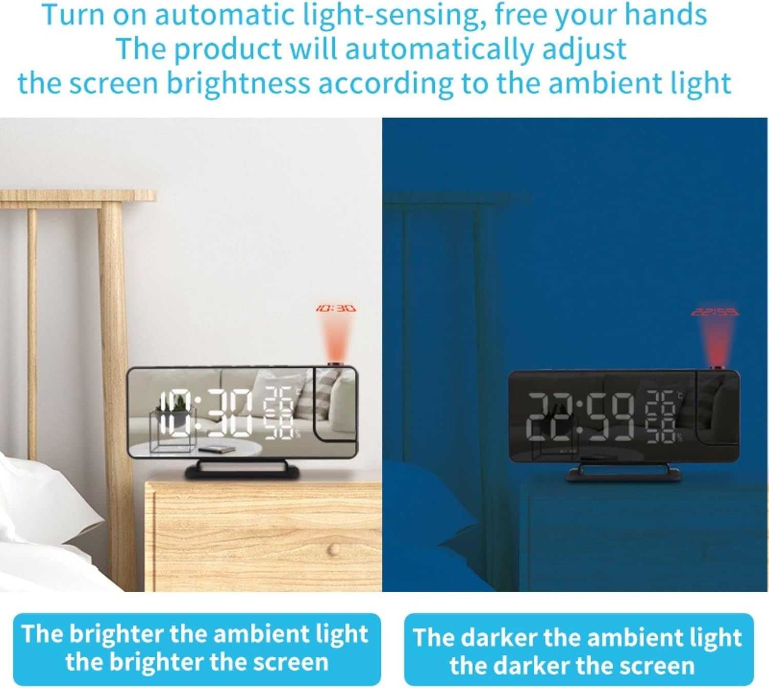 Cyfrowy zegar projekcyjny, radio FM, budzik, port USB – LED lustro