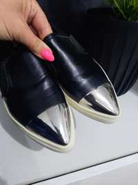 Mokasyny 39 wiosenne srebrne czubki skóra ekologiczna wiosenne buty
