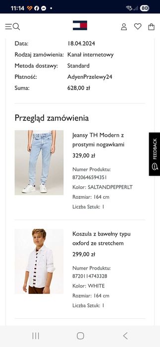 Koszula + Jeansy Tommy Hilfiger, rozmiar 164, Stan bardzo dobry