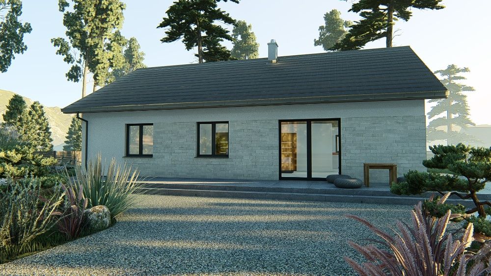 Projekt domu parterowego 108 m2 dach dwuspadowy, projekt typowy gotowy