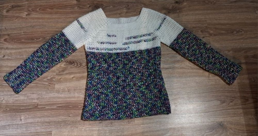 Sweter damski biały kolorowy M 38 handmade rękodzieło na szydełku