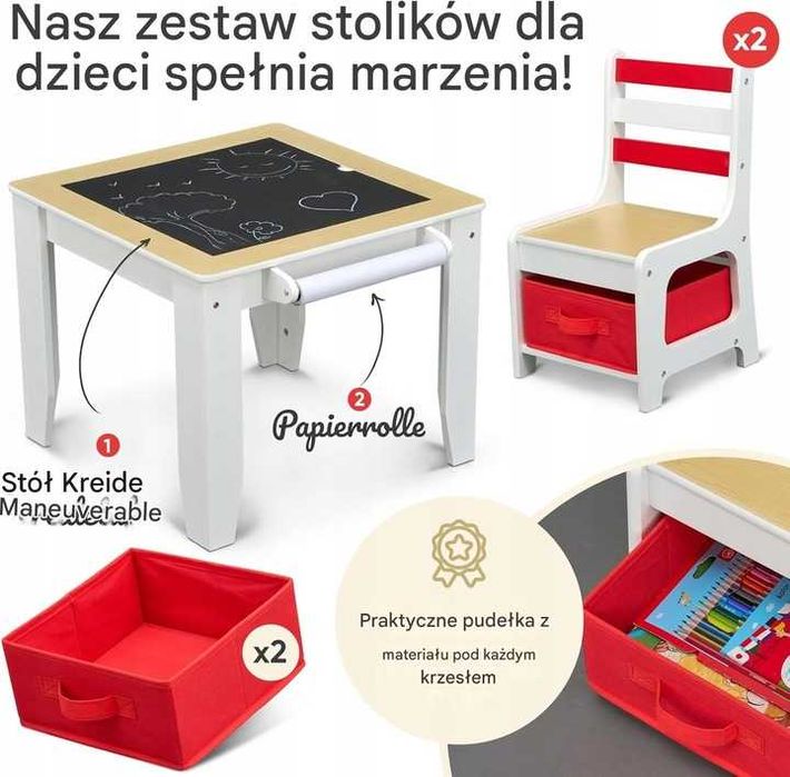 Zestaw mebli dla dzieci: stolik + 2 krzesła | Tablica + schowek
