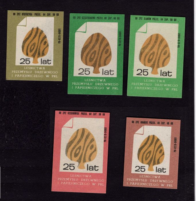 Etykiety zapałek 25 Lat leśnictwa PRL, Warianty 5 sztuk Nowe