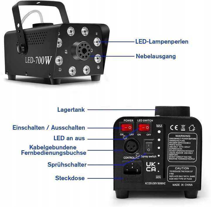 Dymiarka Maszyna do robienia dymu  WYTWORNICA KATOMI 700W RGB pilot