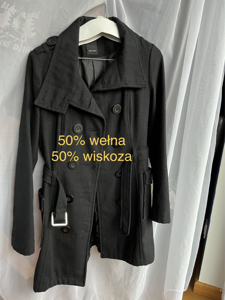 Płaszczyk wełniany czarny Vero Moda S 50% wełna 50% wiskoza