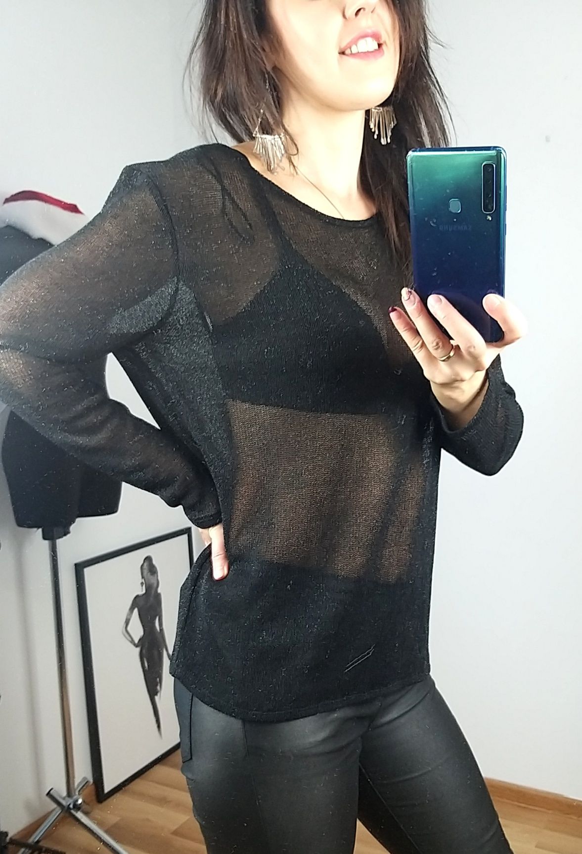 Sweterek ażurkowy r. M L oversize czarny