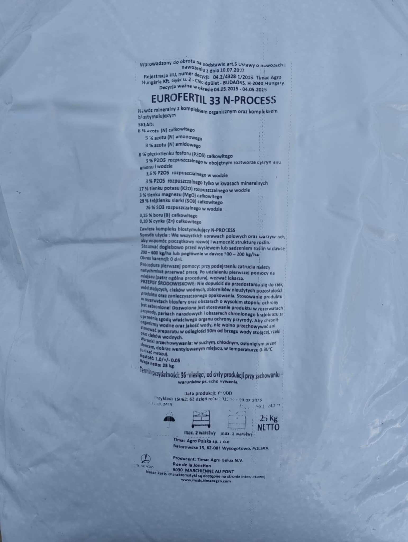 Nawóz bezchlorkowy EUROFERTIL 33 N-PROCESS A'25 KG