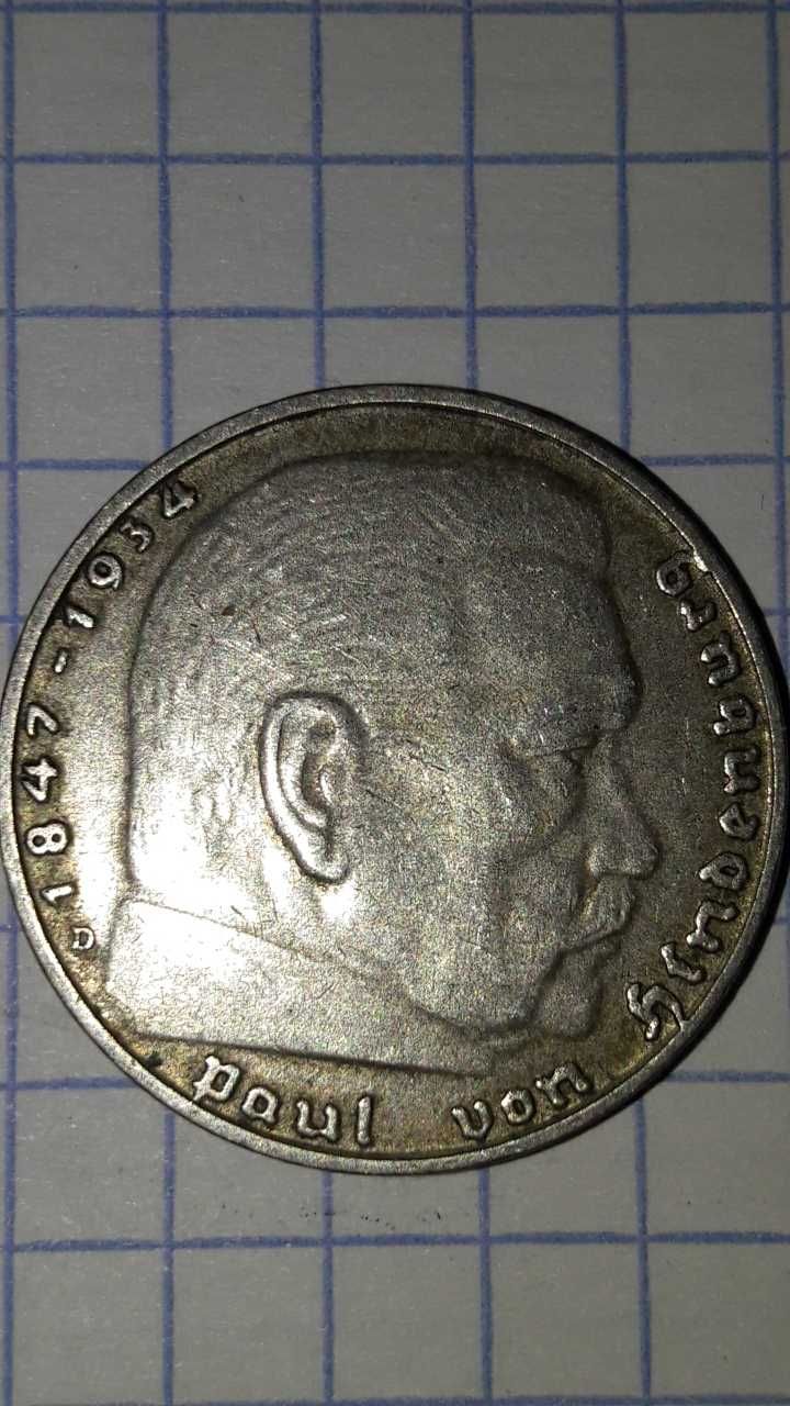 Moneta Niemcy Reich 2 Marki III Rzesza 1937 rok Hindenburg Ag625