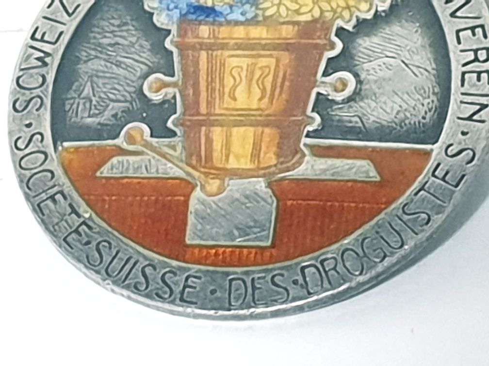Rara antiga pregadeira -prata esmaltada Société suisse des drogeristes