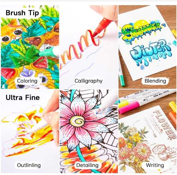 120 kolorów pisaków pędzelkowych z podwójną końcówką z 1 kolorowanką