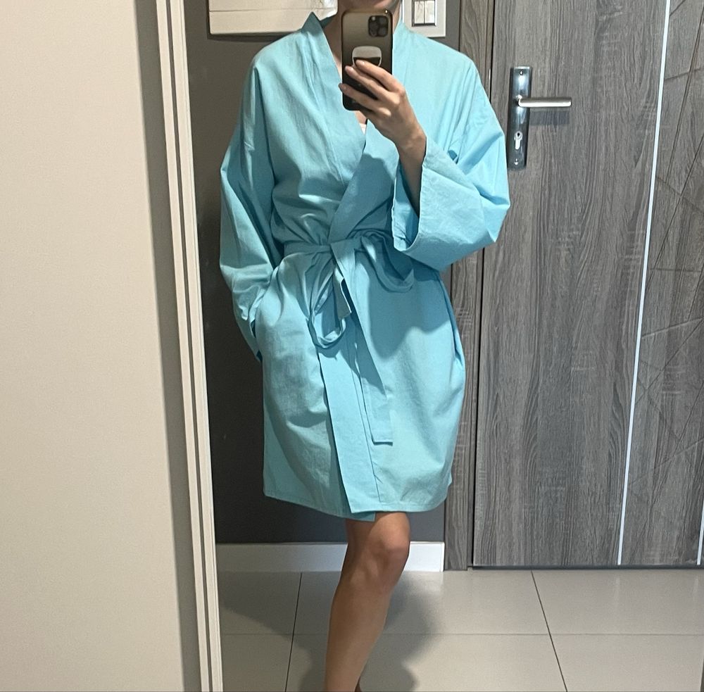 Kimono narzutka sukienka wiązana niebieska wiskoza len Evki Kids xs/s