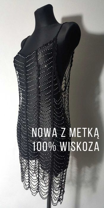 PrettyLittleThing Czarna siateczkowa sukienka z koralikami Glamour 38