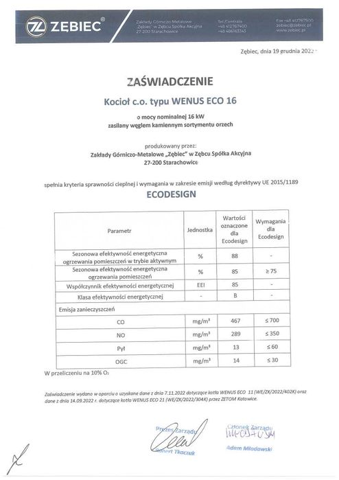 Kocioł, piec ZĘBIEC WENUS ECO 16 kW - tradycyjny / zasypowy