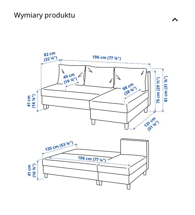 Kanapa 3 osobowa rozkładana z pojemnikiem na pościel szara ikea