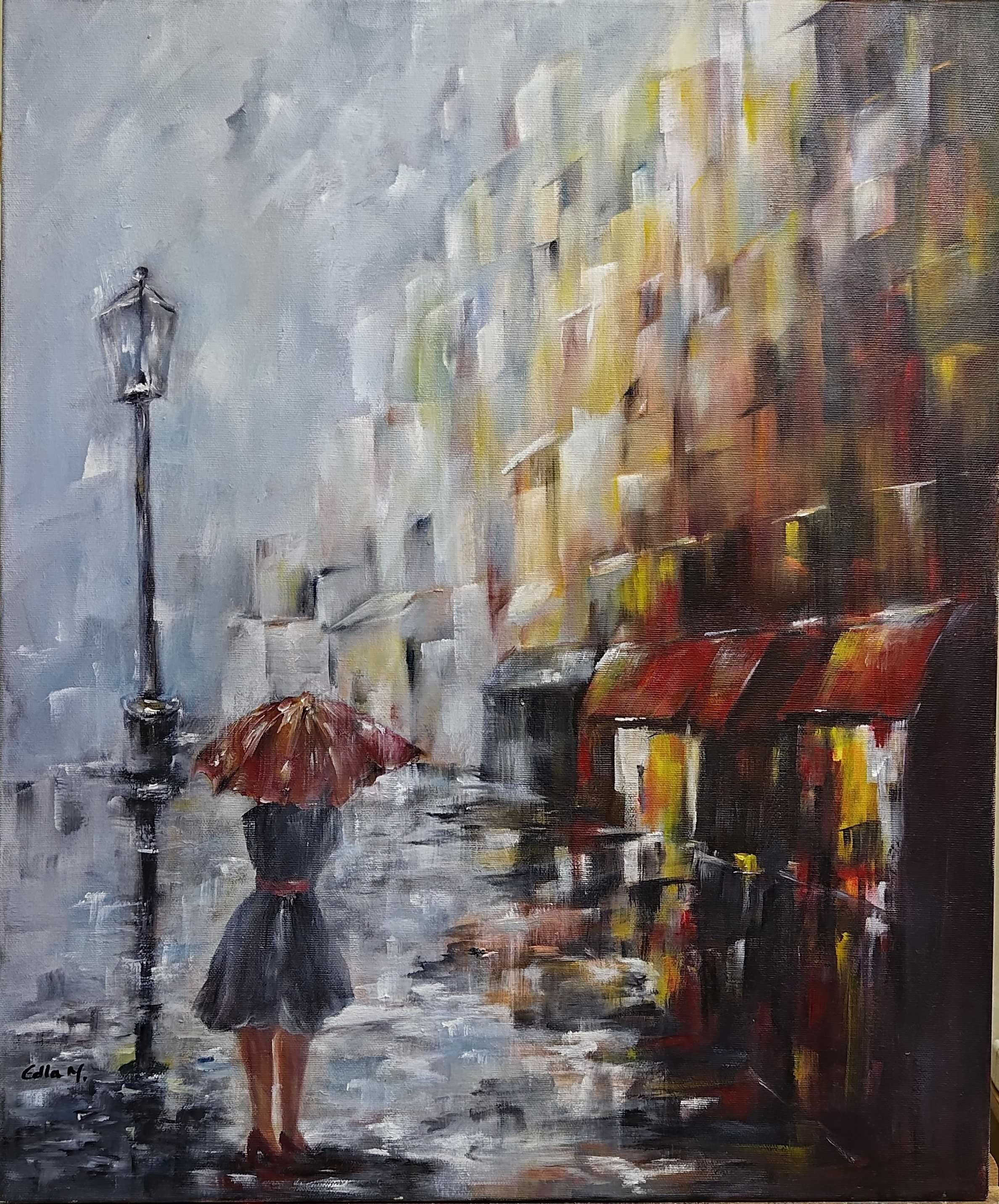Quadro / Pintura a óleo sobre tela - "A Solitary Stroll in the Rain"