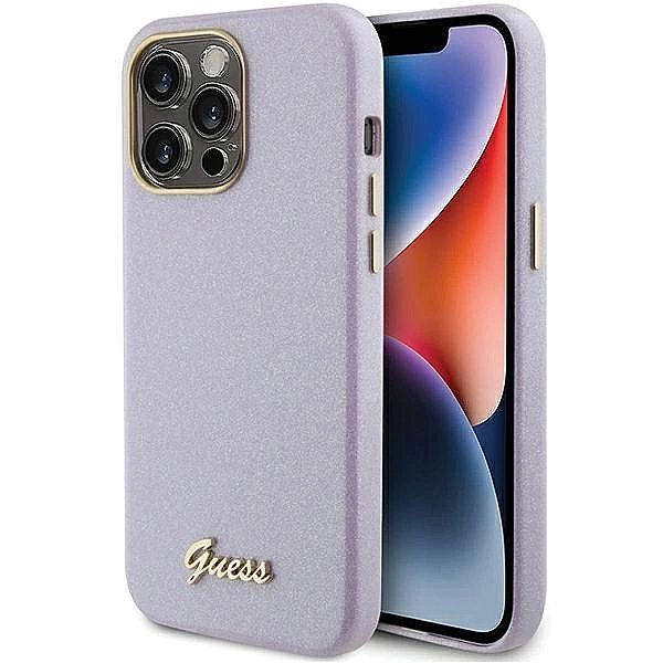 Etui Guess Glitter Glossy Script do iPhone 15 Pro - liliowe