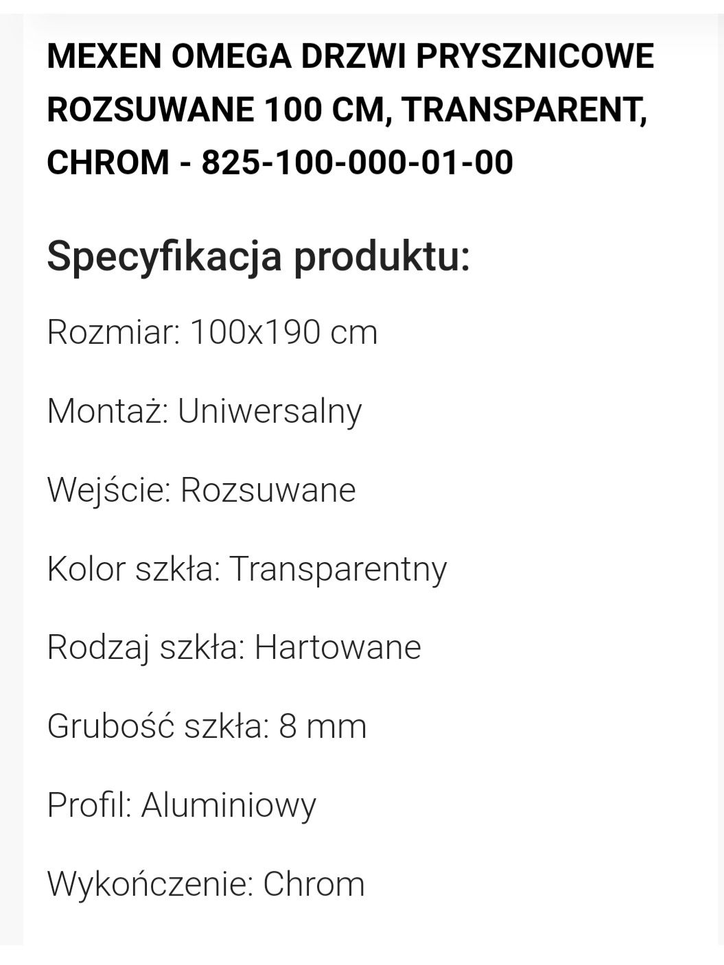 Szyba przesuwna do  drzwi prysznicowych Mexen Omega 100 cm